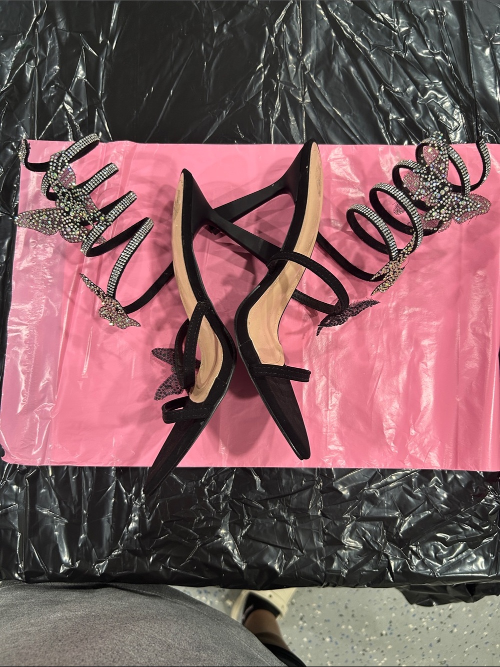 Wild Diva Black Rhinestone Butterfly Strappy Heels
